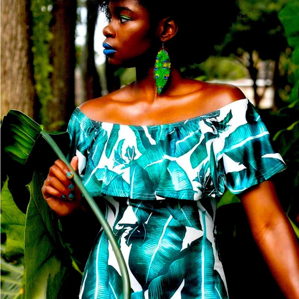 Tropical palm tree off shoulder ruffle dress